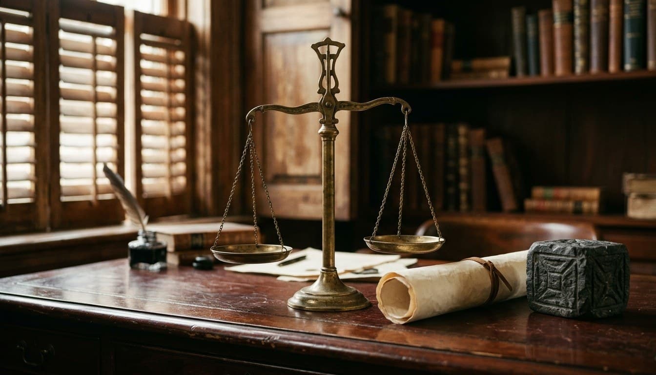 An antique brass equal-arm balance scale on a dark mahogany desk beside a blank rolled parchment and carved stone weight.