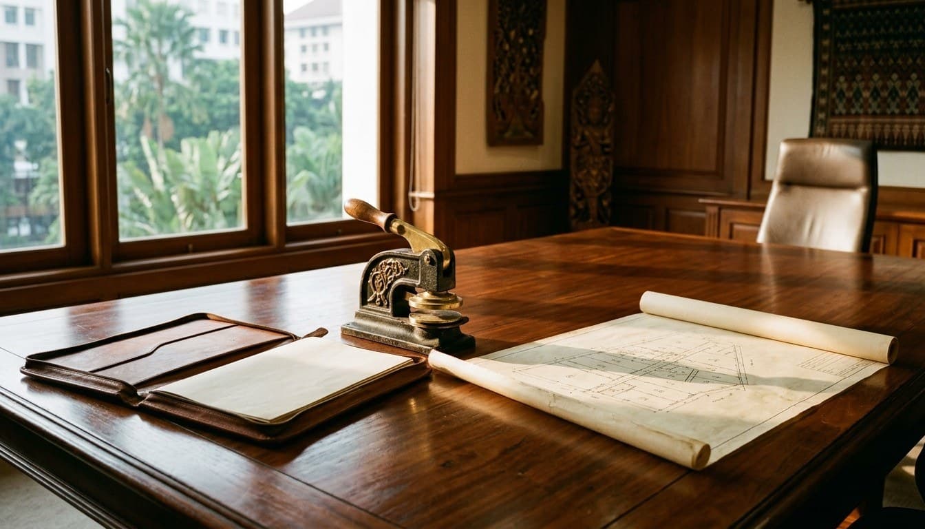 An executive corporate boardroom table with a brass seal press, open leather folio, and land diagram in Indonesia.
