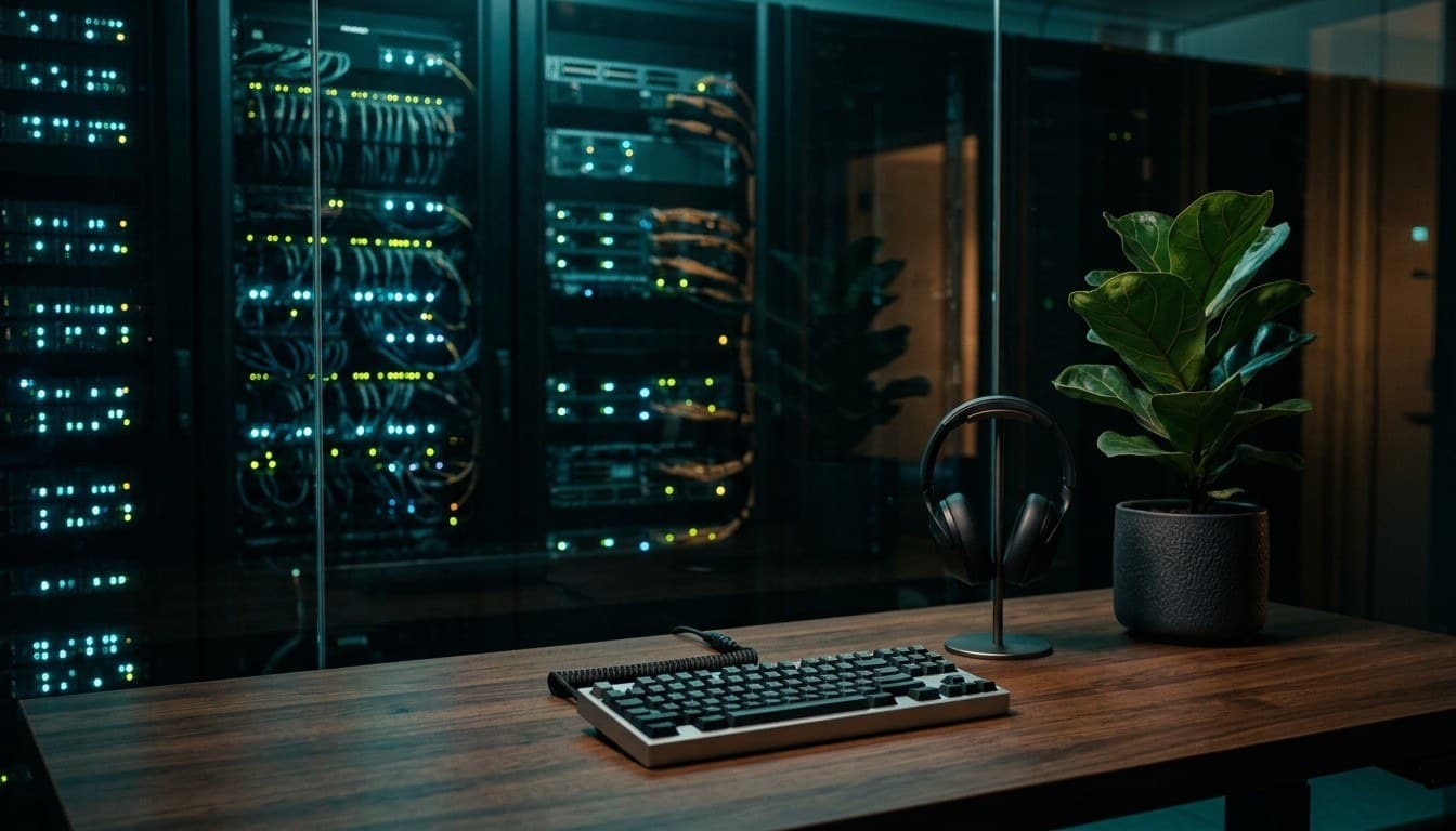 A sleek wooden desk with a mechanical keyboard and headphones against a glass-walled server room with glowing network lights.