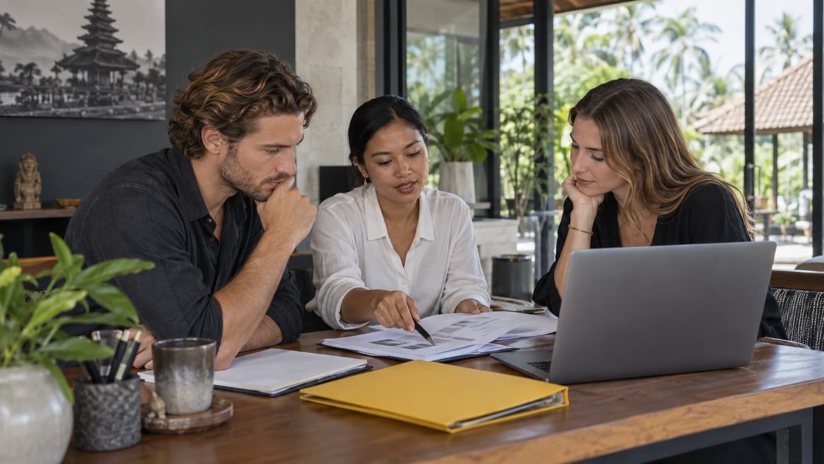 Editorial illustration of a business adviser and international founders reviewing company plans in Bali.