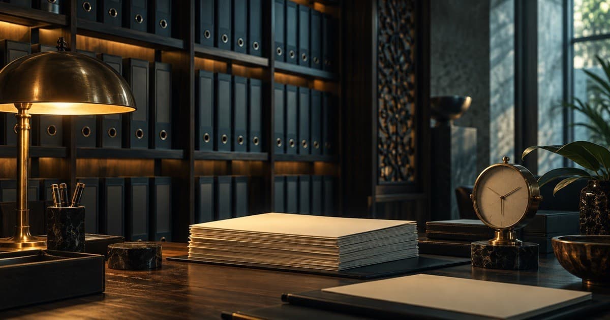 AI editorial illustration of an annual-report binder, cream documents and a brass clock in a teal archive.