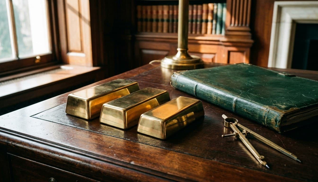 Three smooth unengraved brass bullion ingots, a green leather ledger, and brass compass on a mahogany desk.