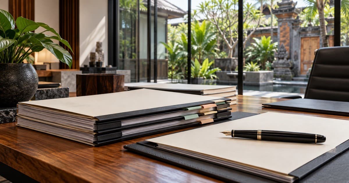Illustrative corporate document folders and fountain pen on a modern Bali office desk