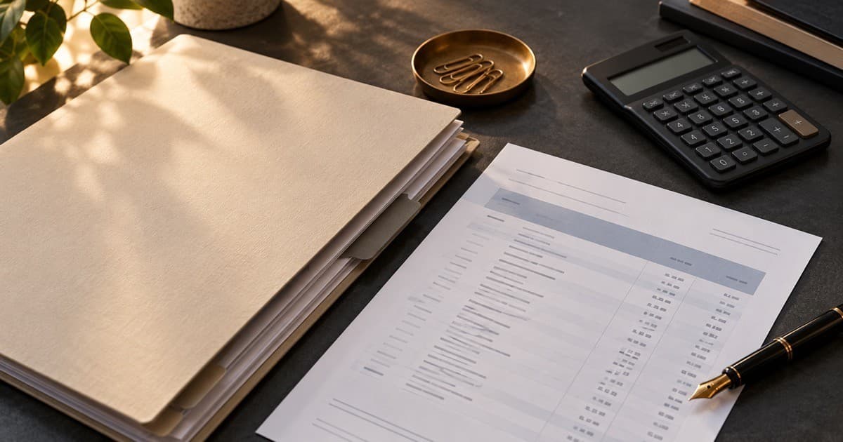 Editorial illustration of a company document folder, bank statement, calculator and pen arranged on a charcoal desk.