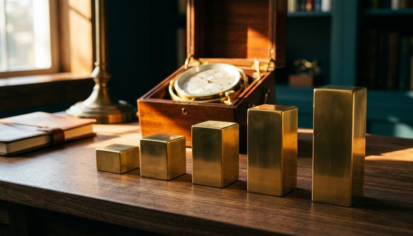 Five ascending solid brass milestone blocks on a walnut desk with an antique marine chronometer in the background.