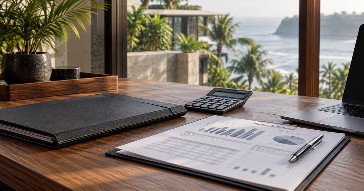 Illustrative investment reporting documents, calculator and laptop on a contemporary Bali office desk