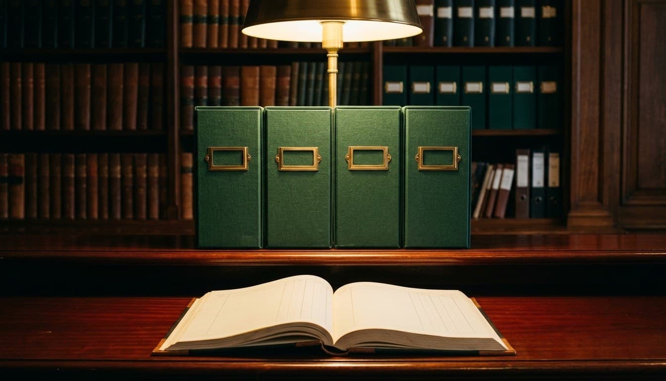 Dark green archival storage boxes with blank brass frames and an open ledger on a mahogany library shelf.