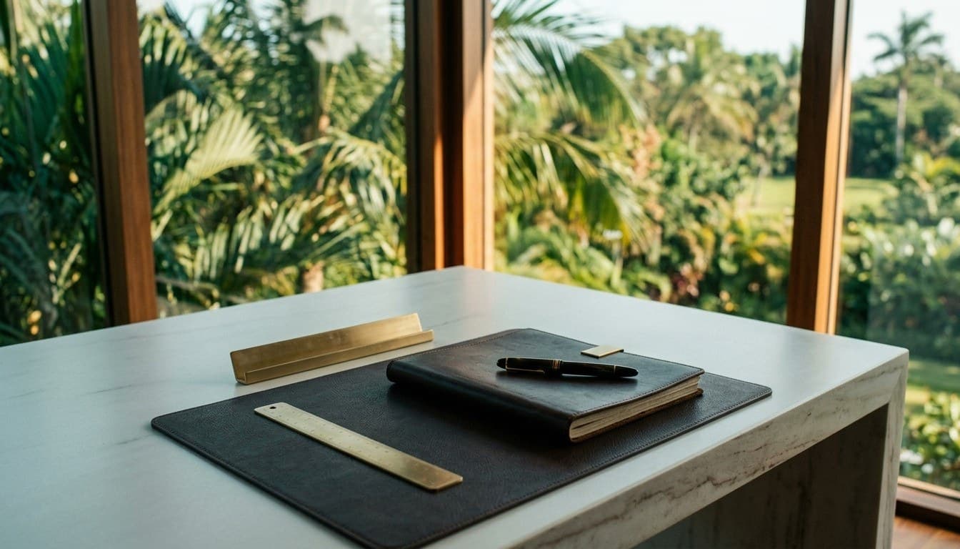 A contemporary stone desk with a leather blotter, closed ledger, and brass desk accessories facing tropical palm trees through tall windows.