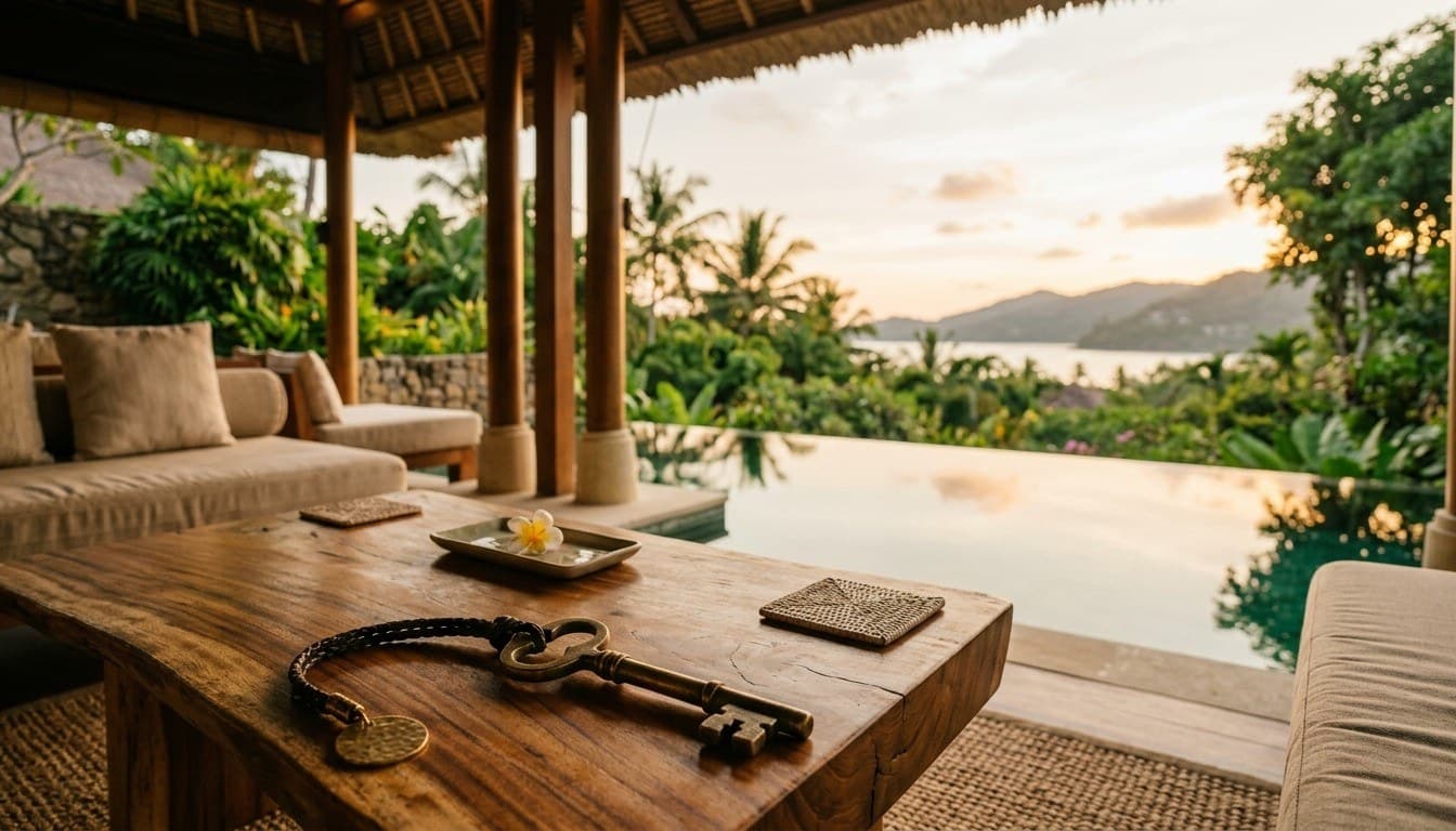 A serene tropical villa lounge with an antique brass key on a suar table overlooking an infinity reflecting pool at golden hour.