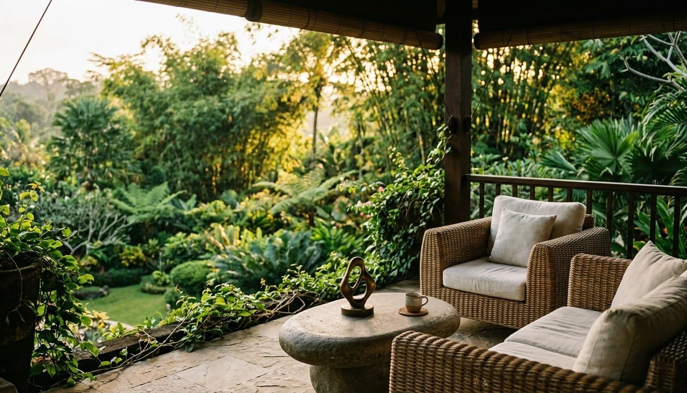 An open-air tropical terrace with woven rattan armchairs overlooking lush landscaped gardens in warm afternoon light.
