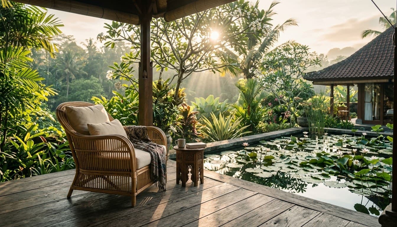 A woven rattan armchair on a timber veranda overlooking a quiet water lily pond in a tropical Bali garden.