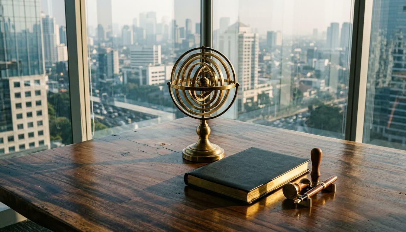 A brass orbital ring instrument, dark leather ledger with gold edges, and fountain pen on an executive desk.