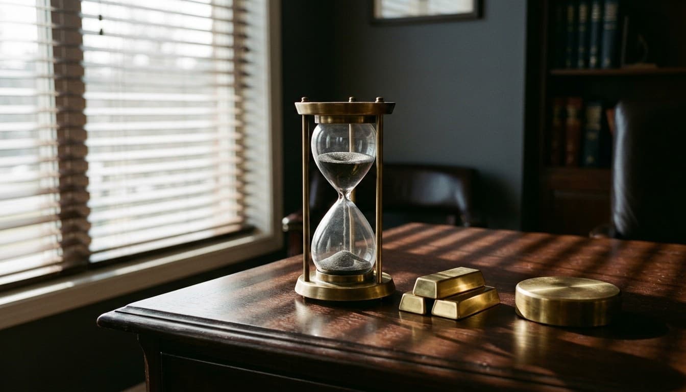 Cinematic photograph of a vintage hourglass with dark sand beside brass ingots on a dark executive desk with blind shadows