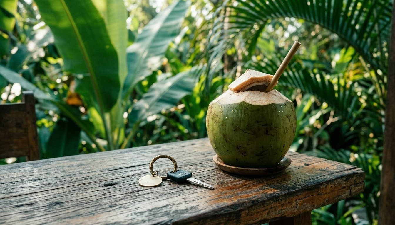 A fresh drinking coconut with a bamboo straw and a scooter key on a brass ring resting on a weathered wooden cafe table.