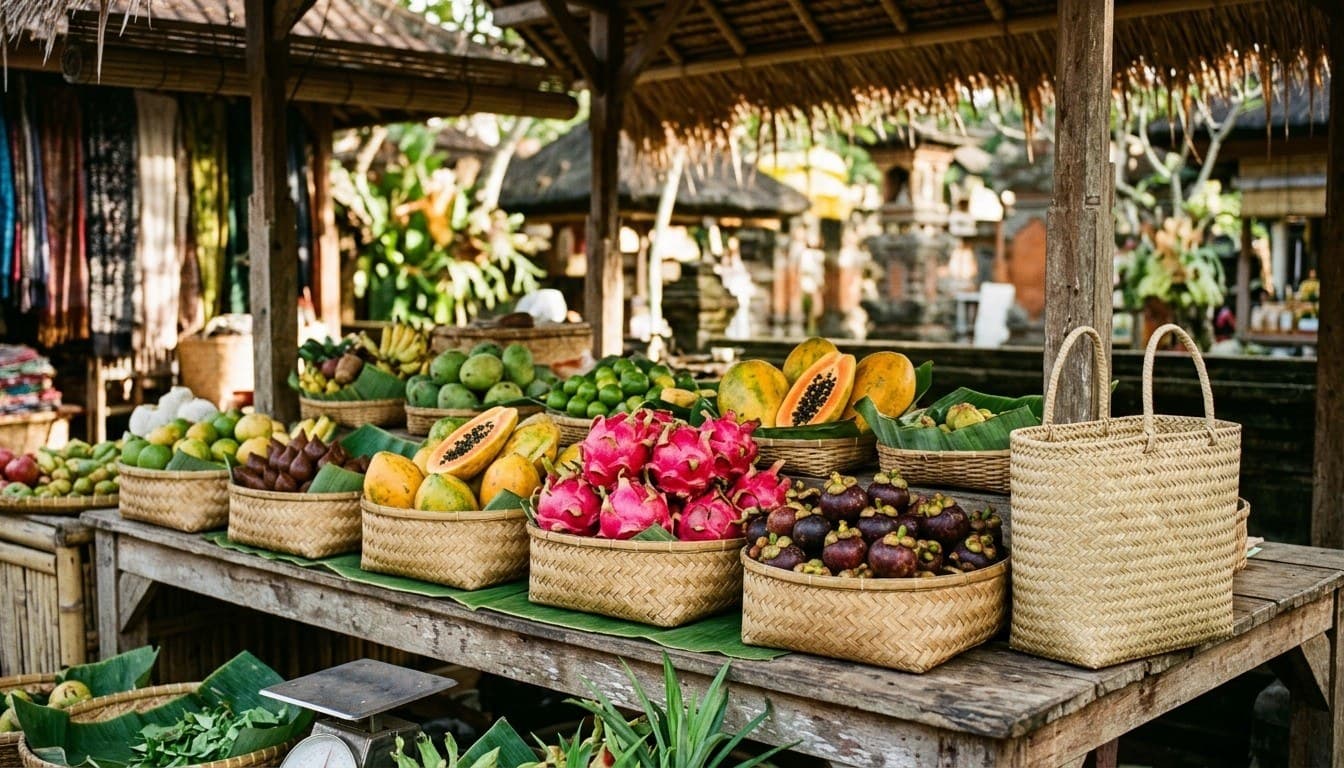 Woven bamboo baskets of fresh dragon fruit, mangosteens, and papayas at an organic island market stall in Bali.