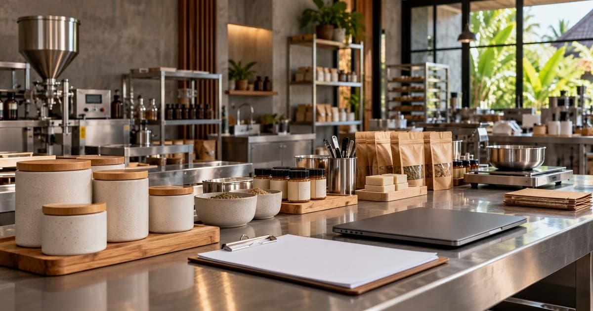 Illustrative small manufacturing workshop with packaged products, production equipment and a blank document clipboard