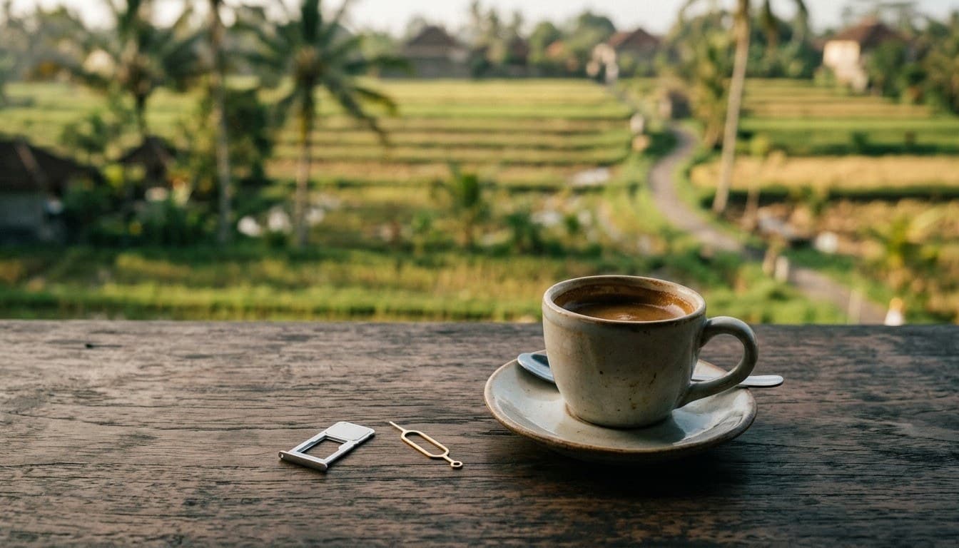 A ceramic espresso cup and a metallic SIM card tray resting on a wooden balcony table overlooking terraced rice fields in Bali.