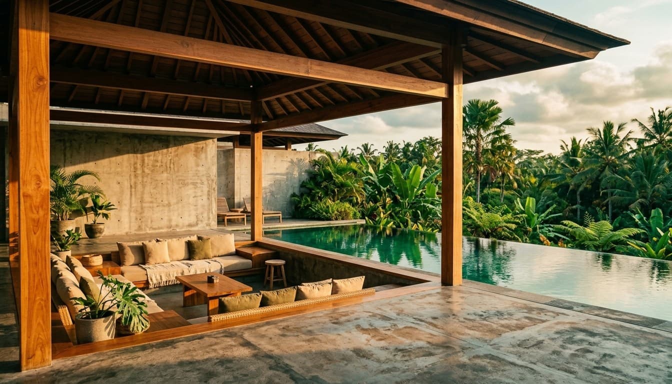 A modern luxury open-air pavilion with sunken lounge and infinity pool looking out over Canggu palms at golden hour.