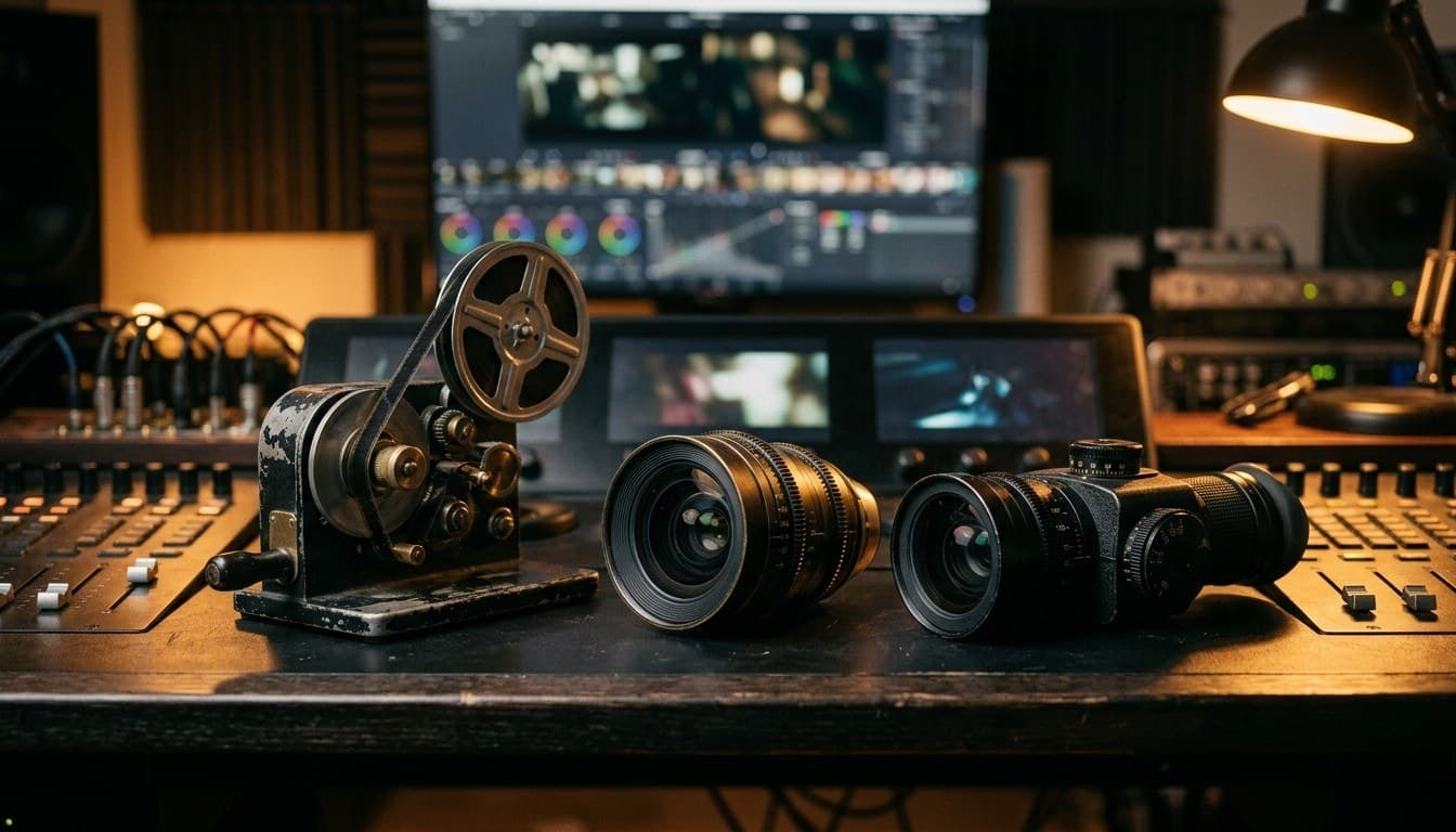 A vintage 35mm film editing rewinder, anamorphic cinema lens, and director viewfinder on a dark editing console.