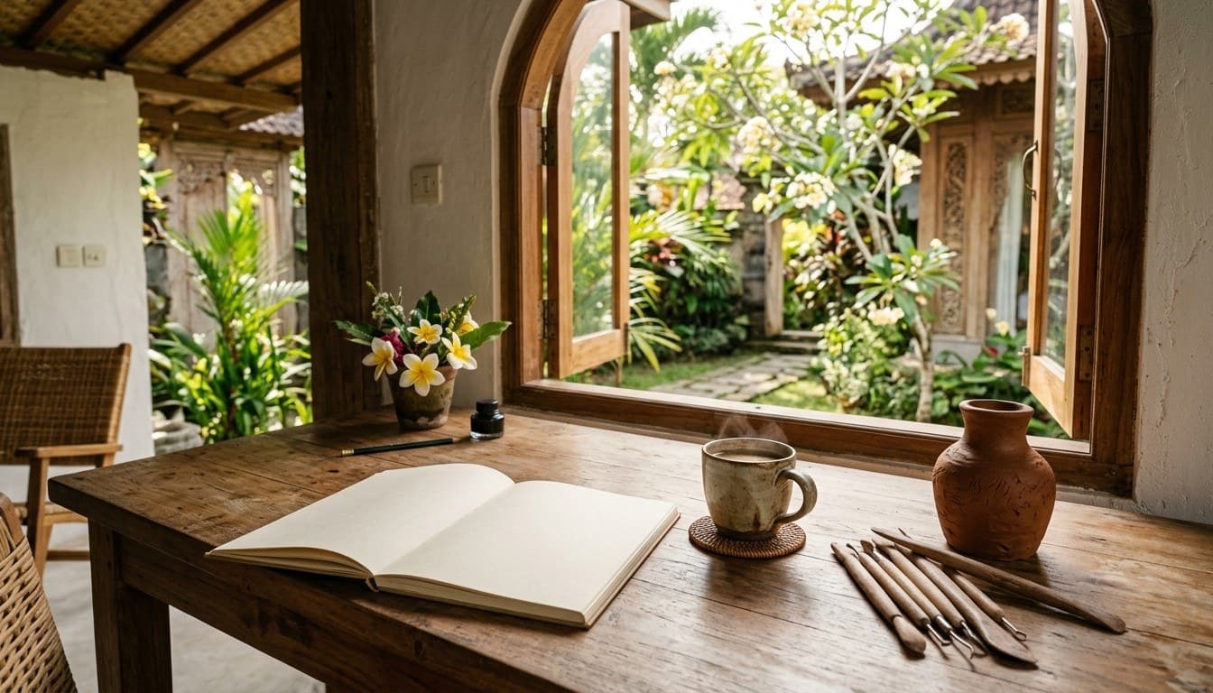 A solid teak writing desk with a blank journal, hot coffee, and pottery tools overlooking a sunny tropical courtyard.