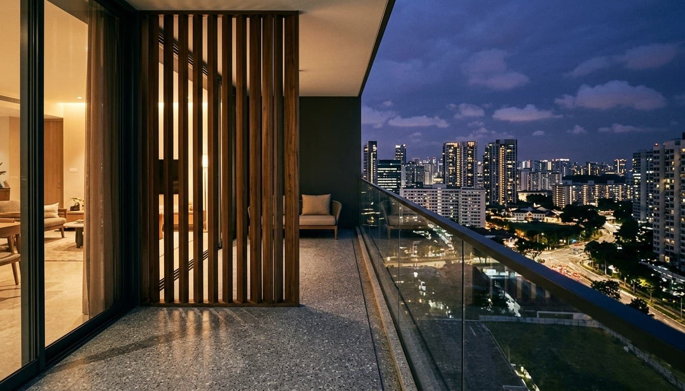 A modern luxury apartment balcony with vertical teakwood louvers and glass balustrade overlooking a tropical city skyline at twilight.