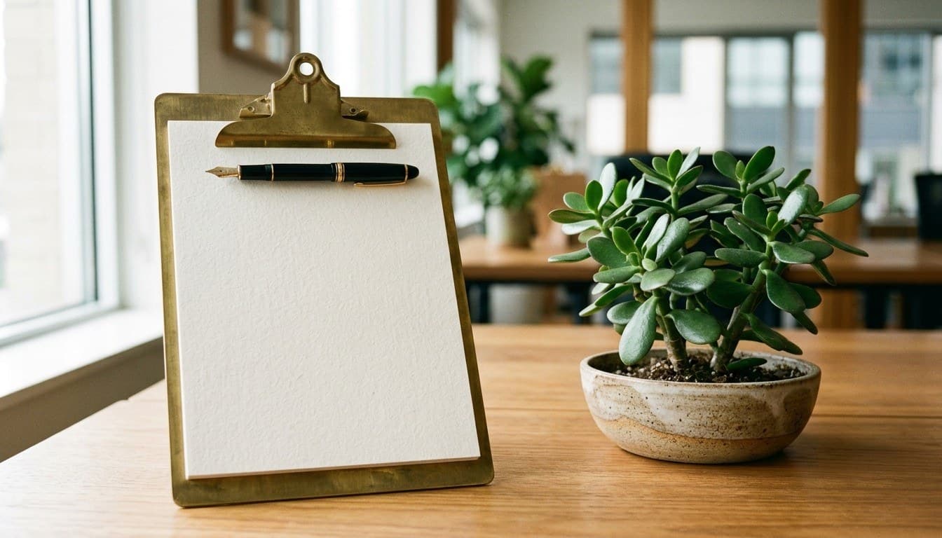 A brushed brass clipboard with blank linen stationery, fountain pen, and a potted succulent on a clean executive desk.
