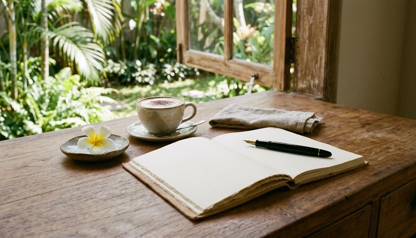 An open blank journal, fountain pen, and white frangipani blossom on a sunlit teak desk in a tropical study.