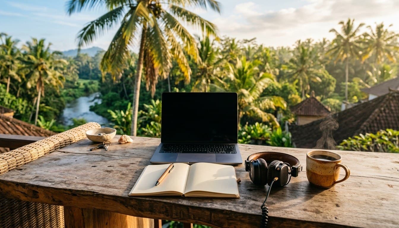 A freelancer workspace with blank sketchbook, headphones, and coffee overlooking a Bali jungle river at dawn.