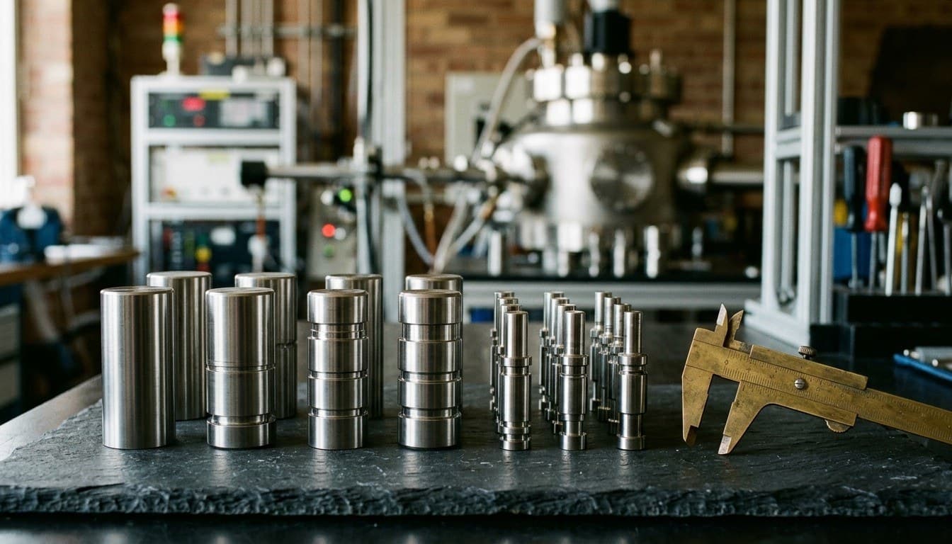 Precision-machined metal cylinders and a vintage brass vernier caliper on a dark slate bench in an industrial research lab.