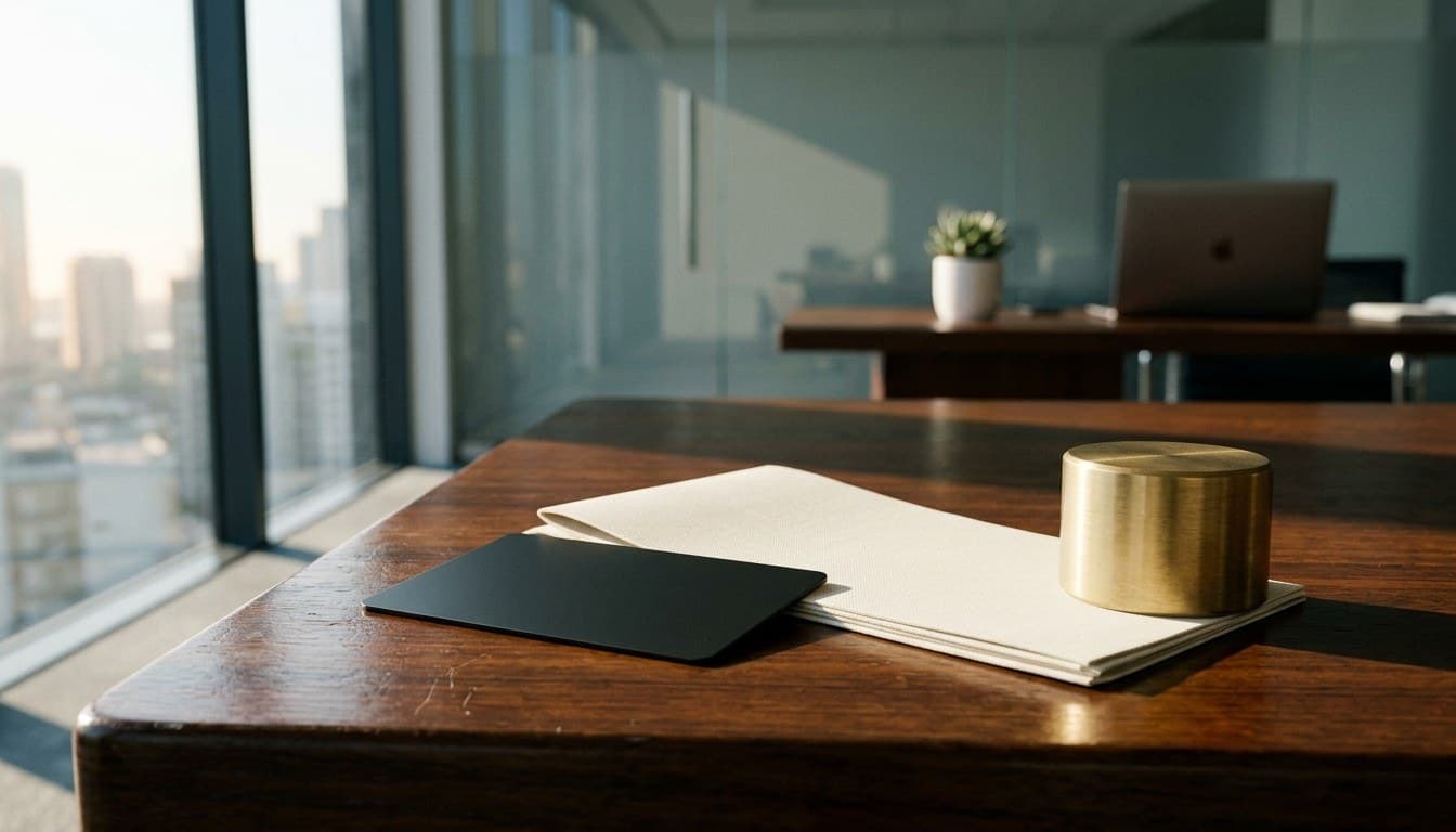 A minimalist matte black payment card and cream linen voucher slip beside a brass weight on an executive desk.