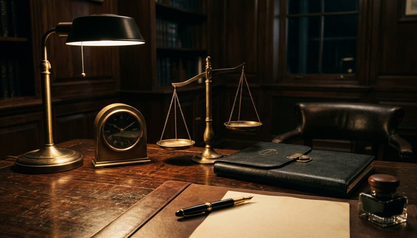 An antique brass balance scale and black leather dossier under a warm lamp in a quiet legal consultation room.
