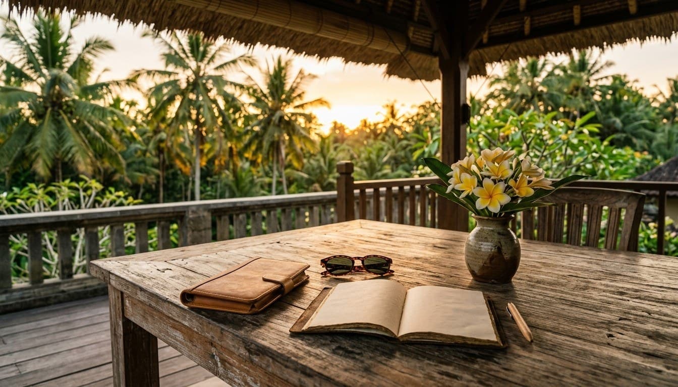An open blank journal, leather travel wallet, and frangipani flowers on a veranda overlooking a Bali sunset.