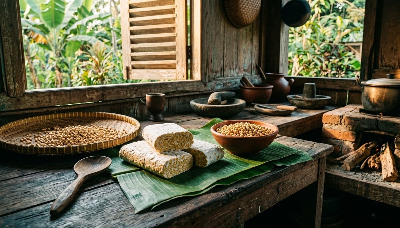 Freshly sliced artisan tempeh cakes on banana leaves beside a bowl of golden soybeans in a rustic Indonesian kitchen.