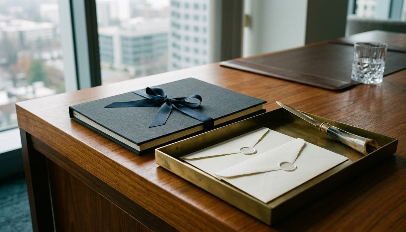 A dark ribbon-tied portfolio and sealed deckle-edge envelopes in a brass tray on an executive desk.
