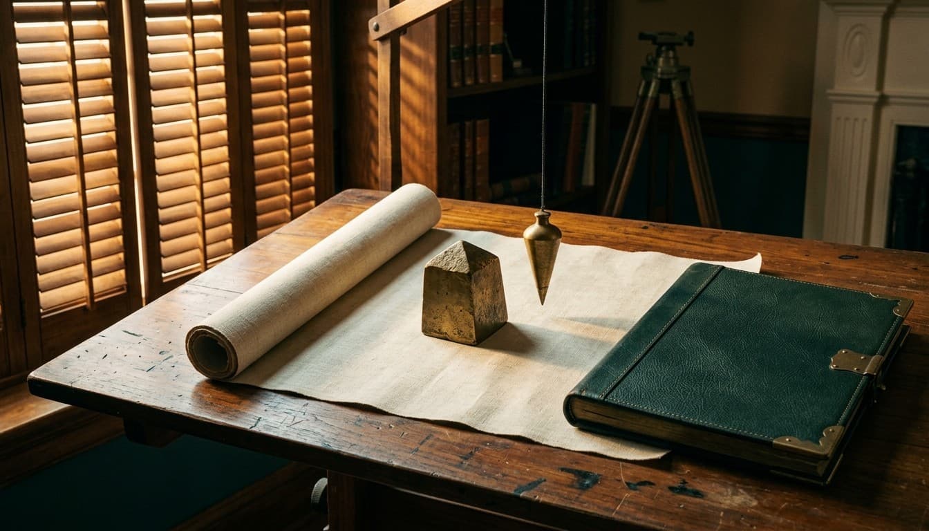 A brass land survey marker peg, brass plumb bob, and green leather title folder on a teak table.