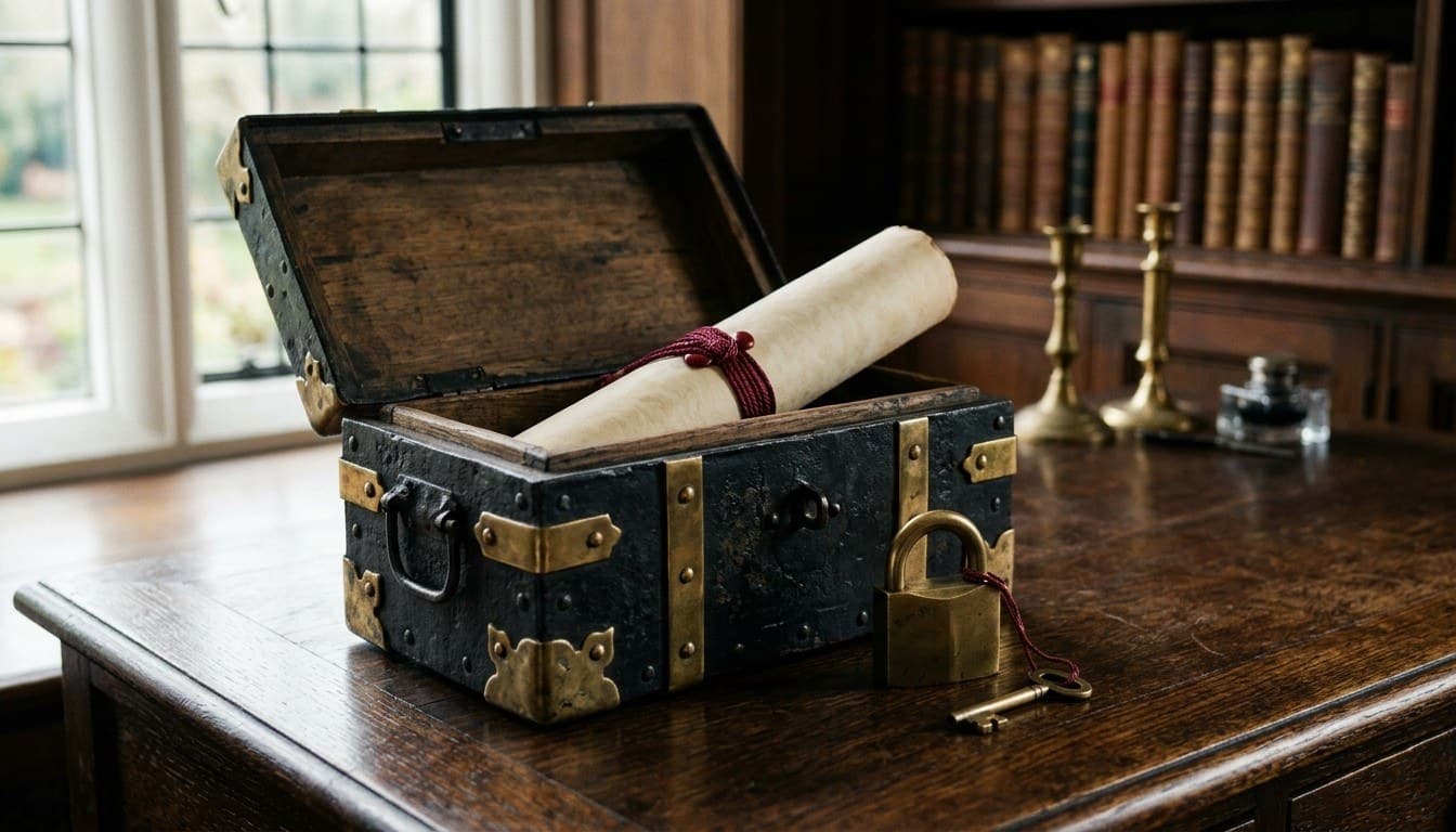An antique iron strongbox holding a rolled parchment deed with a brass padlock on an oak library desk.