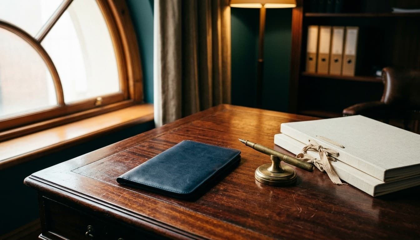 Editorial documentary photograph of an executive mahogany desk with blank navy leather folio and ribbon-tied documents