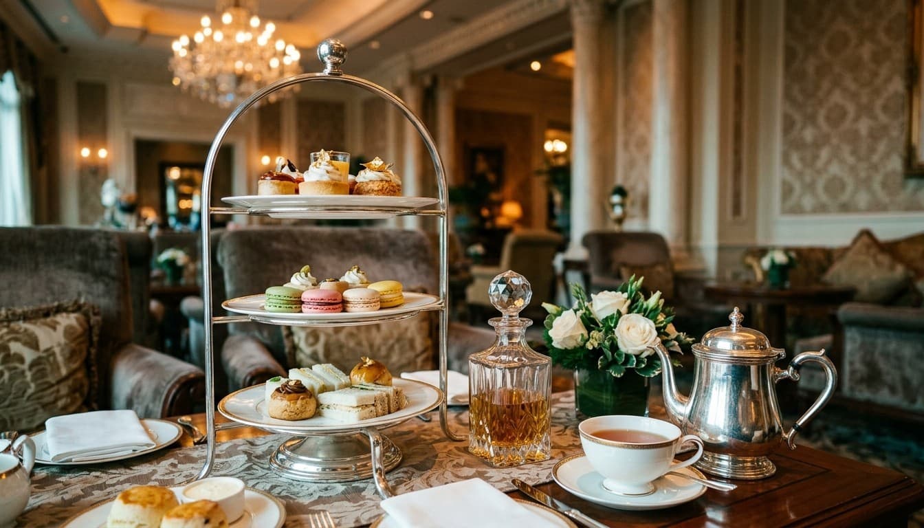 A tiered silver high tea stand with pastries, silver teapot, and crystal flacon in a five-star hotel salon.
