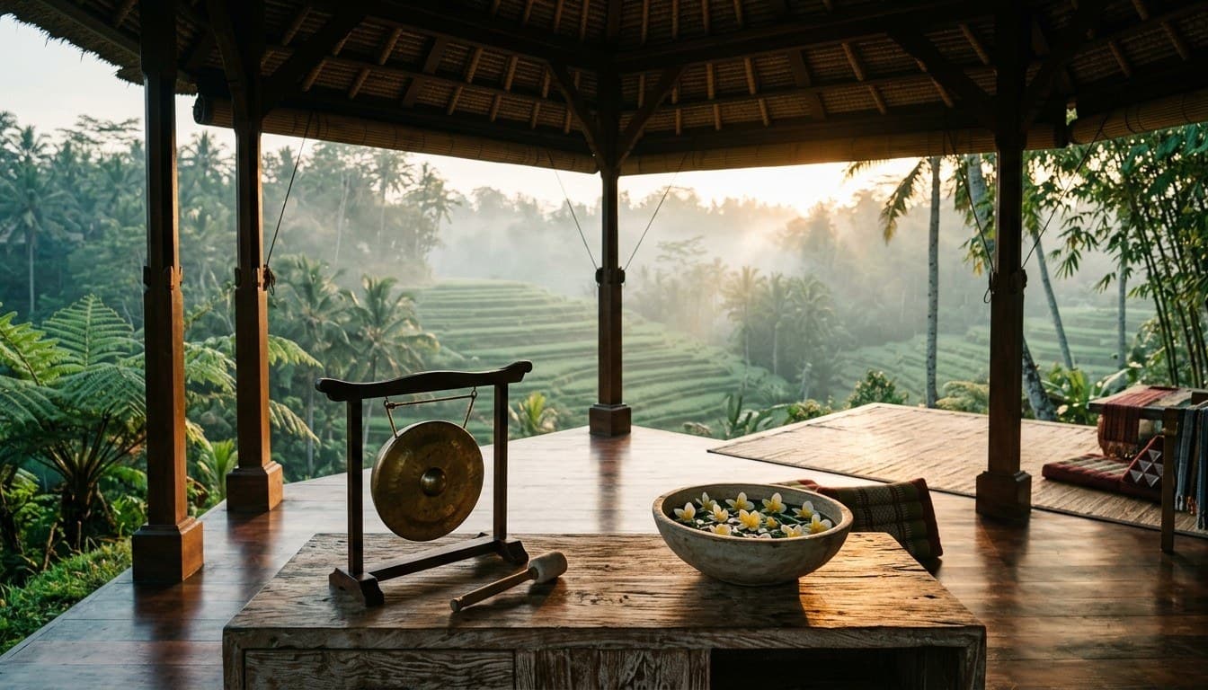 A traditional brass gong and frangipani bowl in an open teak pavilion overlooking misty rice terraces at dawn.