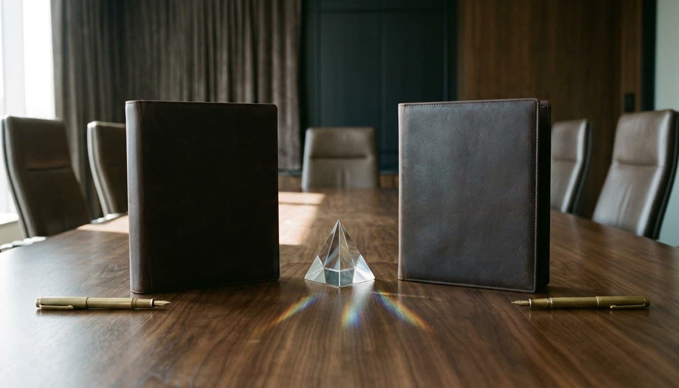 Two identical leather portfolios and brass fountain pens placed symmetrically beside a glass prism on a conference table.