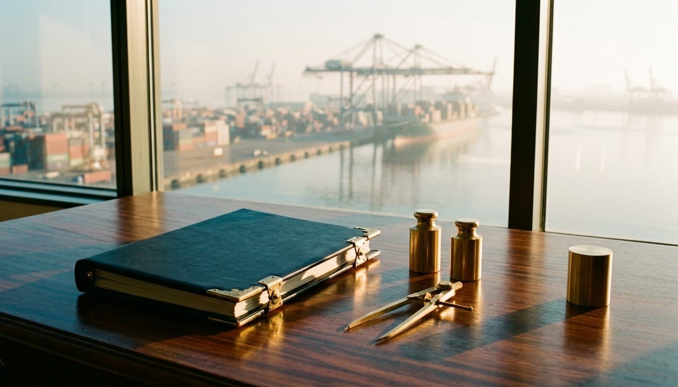 A navy leather treaty portfolio, brass shipping scale weights, and navigational divider on a mahogany desk overlooking a port.