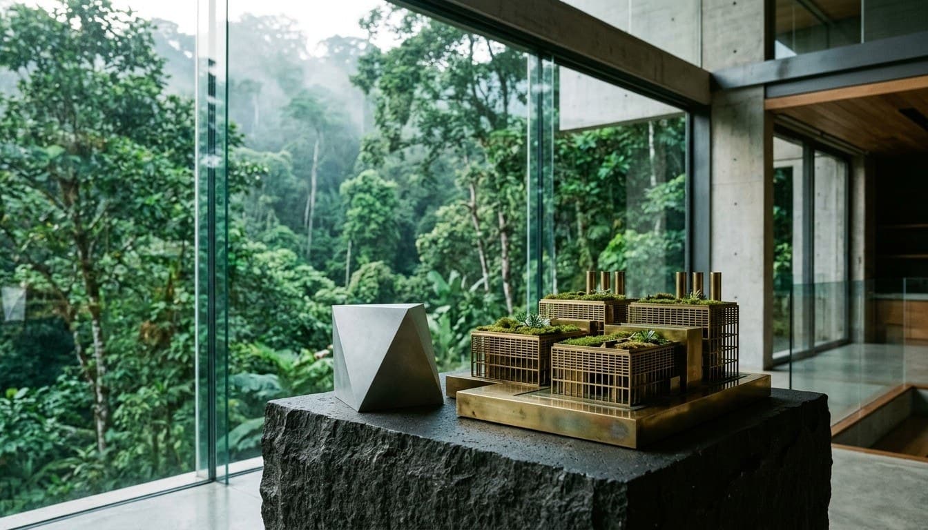 A brass architectural model and aluminum prism on a volcanic basalt plinth against misty rainforest canopy.