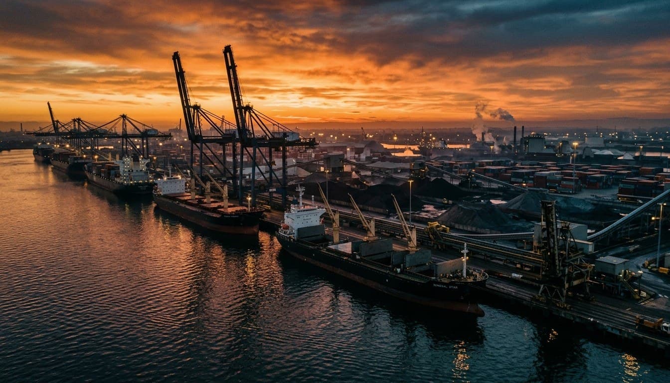 Large cargo ships and mineral transport vessels berthed under industrial gantry cranes against a fiery orange harbor sunset.