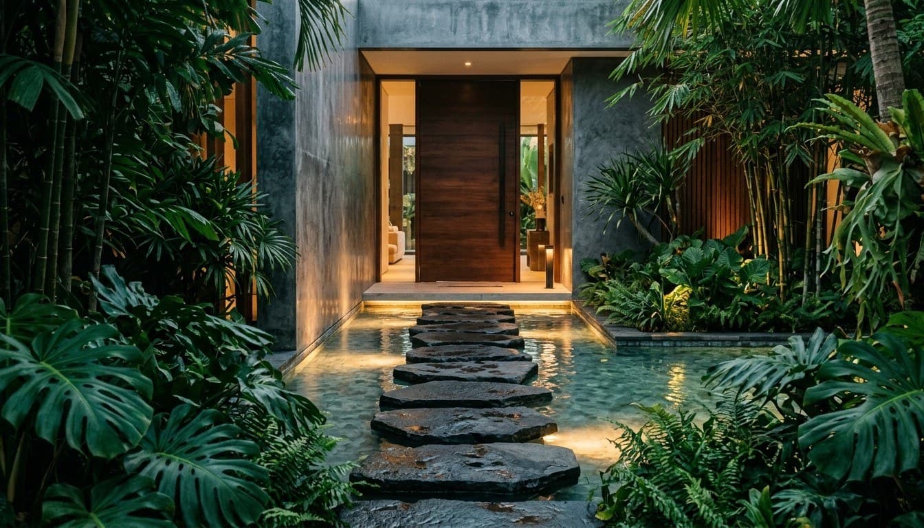 A luxury modern villa entryway with dark basalt stepping stones floating over a clear pond framed by tropical monstera foliage.