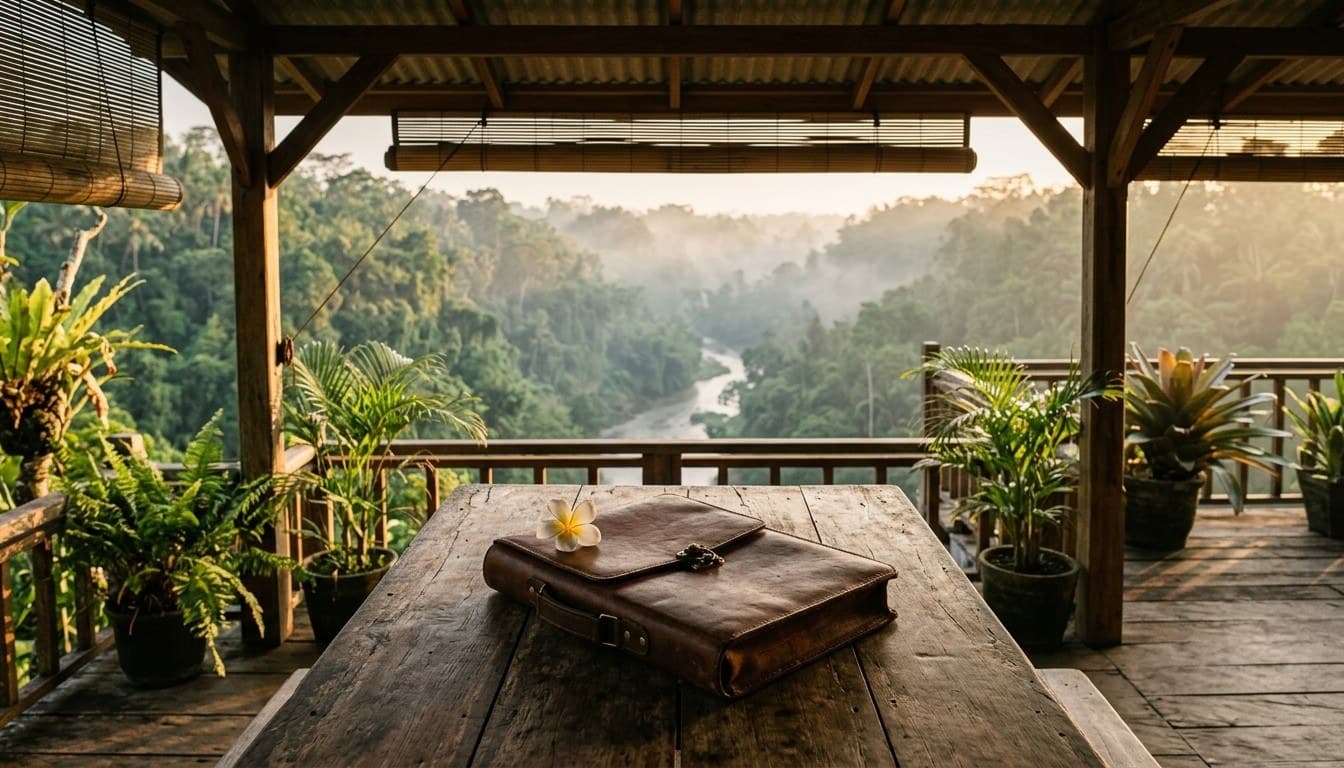 A solid wood veranda table with a blank leather document folio and a frangipani blossom overlooking a misty tropical river valley.