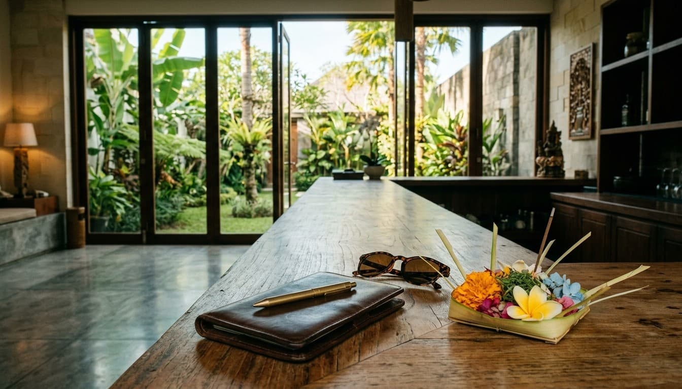 A leather travel wallet, brass pen, sunglasses, and floral offering on a wooden counter overlooking an empty garden.