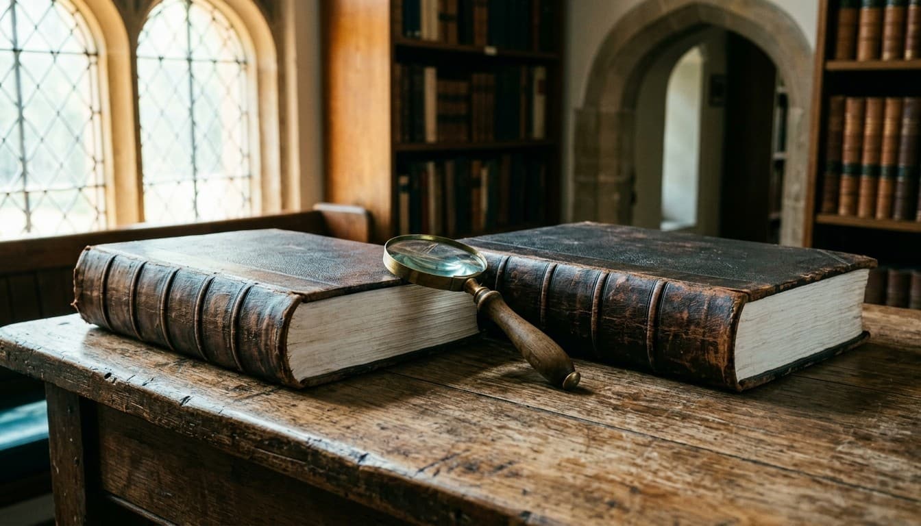 Editorial documentary photograph of two thick leatherbound volumes with a solid brass magnifying glass on a library table