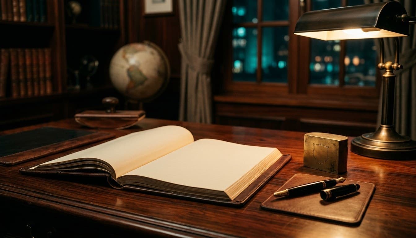 An open blank ledger and gold-nib fountain pen resting on a dark rosewood desk beneath warm study lamplight.