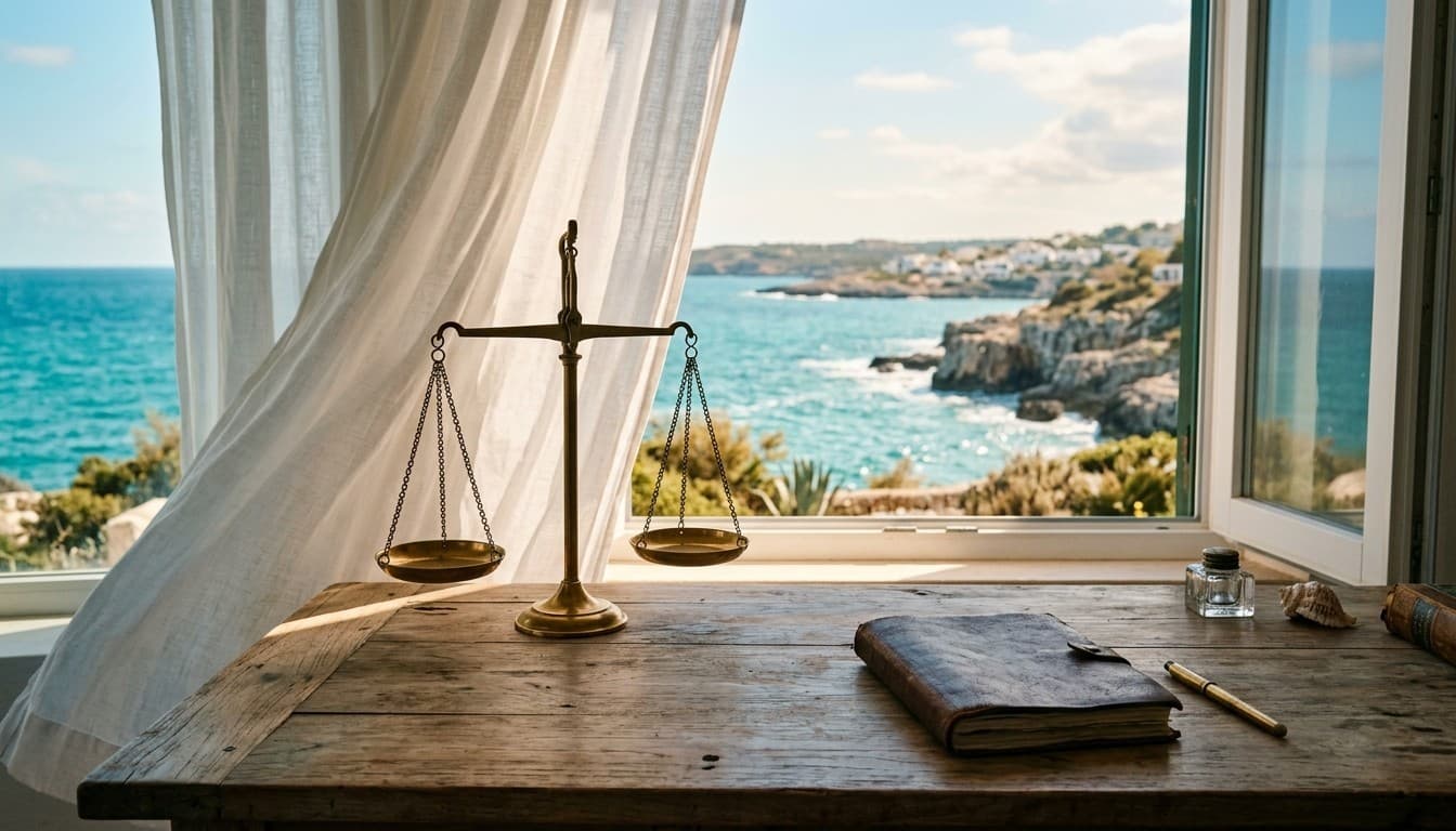 A vintage brass balance scale and leather journal on a coastal villa desk overlooking the bright blue sea.