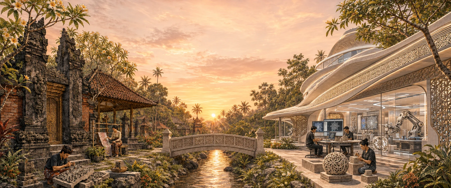 Sunset illustration of traditional Balinese artisans beside a river, connected by a bridge to a futuristic cultural design atelier